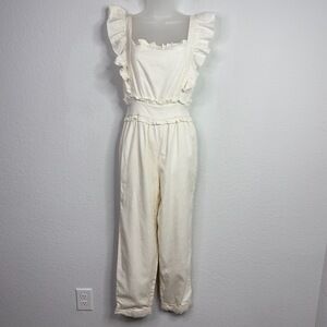 Tularosa Jumpsuit Womens S White Linen Blend Ruffle Boho Romantic Coastal Resort
